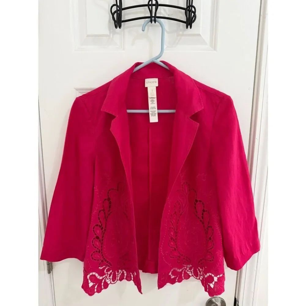 Chico's Bright Fuchsia Open-Front Embroidered Blazer Size 1